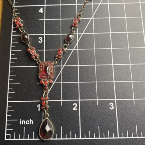 Vintage Avon NR Necklace Brass Tone Y Drop Red Art Deco Victorian 16" - Picture 6 of 6